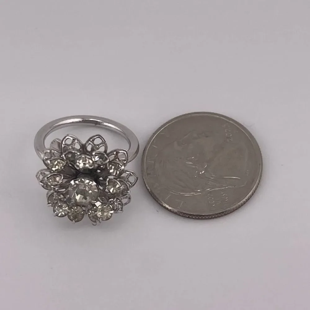 VTG Sarah Coventry Silver Tone Diamond Filigree Burst Statement Ring‎ Adjustable